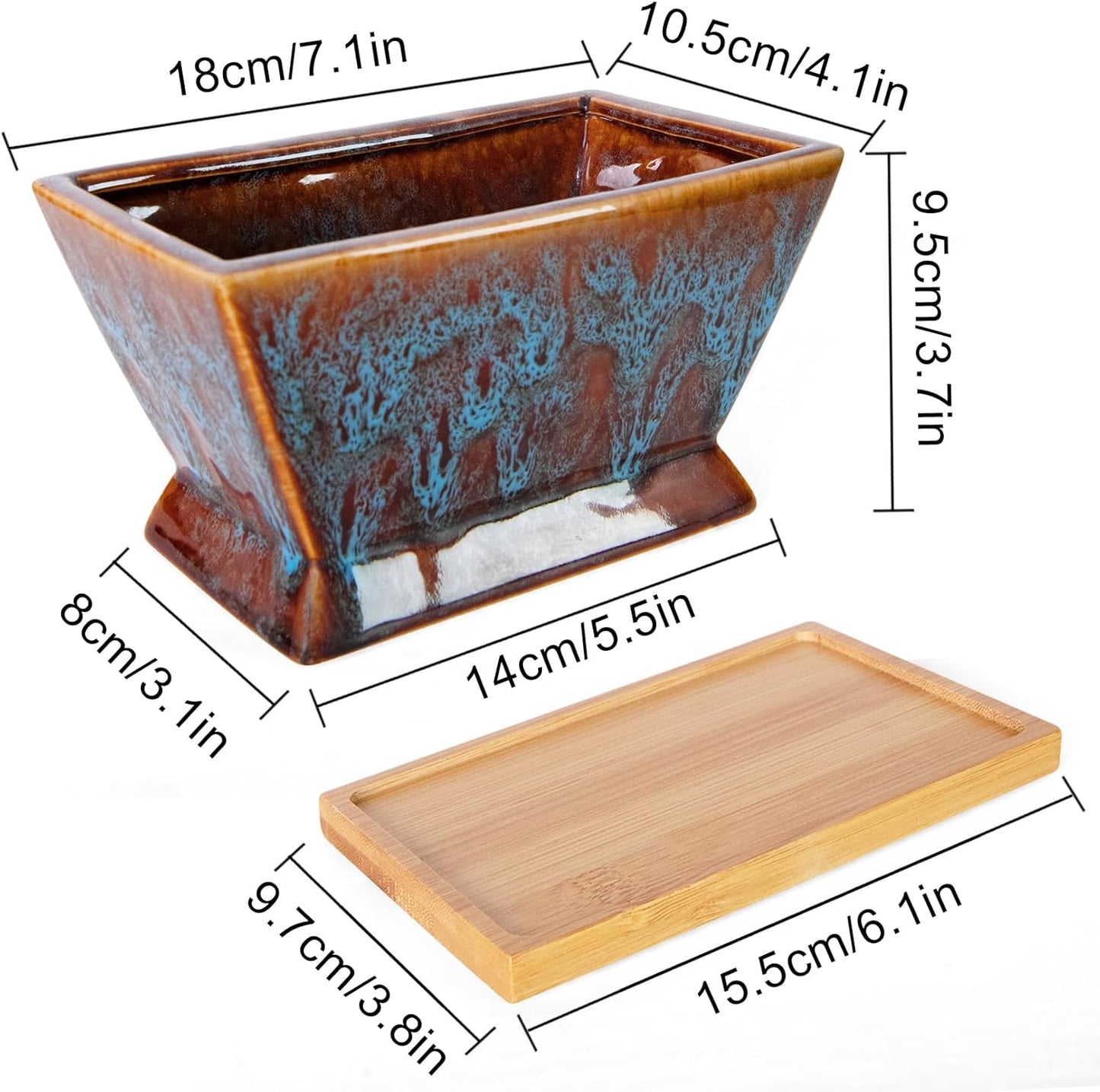 ARTKETTY Succulent Pots - 7 Inch Large Plant Pot with Drainage Tray, Shallow Ceramic Pots for Indoor Plants, Modern Cactus Bonsai Plant Container Decorative Home Office