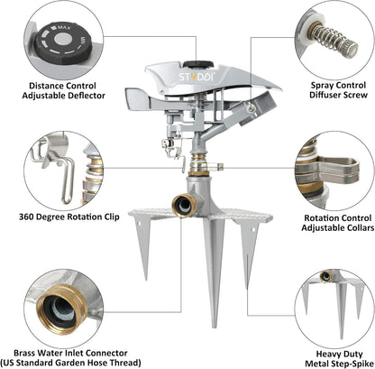 STYDDI Professional Heavy Duty Pulsating Sprinkler on Metal 3-Pronged Step Spike, Metal Pro Adjustable Circular Sprinkler for Large to Extra Large Yard, Areas, Lawn, Coverage up to 8500 Sq.FT