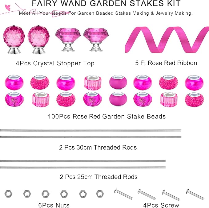 119 Pcs Garden Stake Diy Fairy Wand Plant Stake with Rose Red Large Hole Beads Crystal Diamond Stopper Top 4 Stainless Steel Threaded Rod Beaded Garden Stakes For Outdoor Indoor Yard Patio Decorations