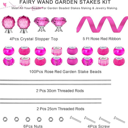119 Pcs Garden Stake Diy Fairy Wand Plant Stake with Rose Red Large Hole Beads Crystal Diamond Stopper Top 4 Stainless Steel Threaded Rod Beaded Garden Stakes For Outdoor Indoor Yard Patio Decorations