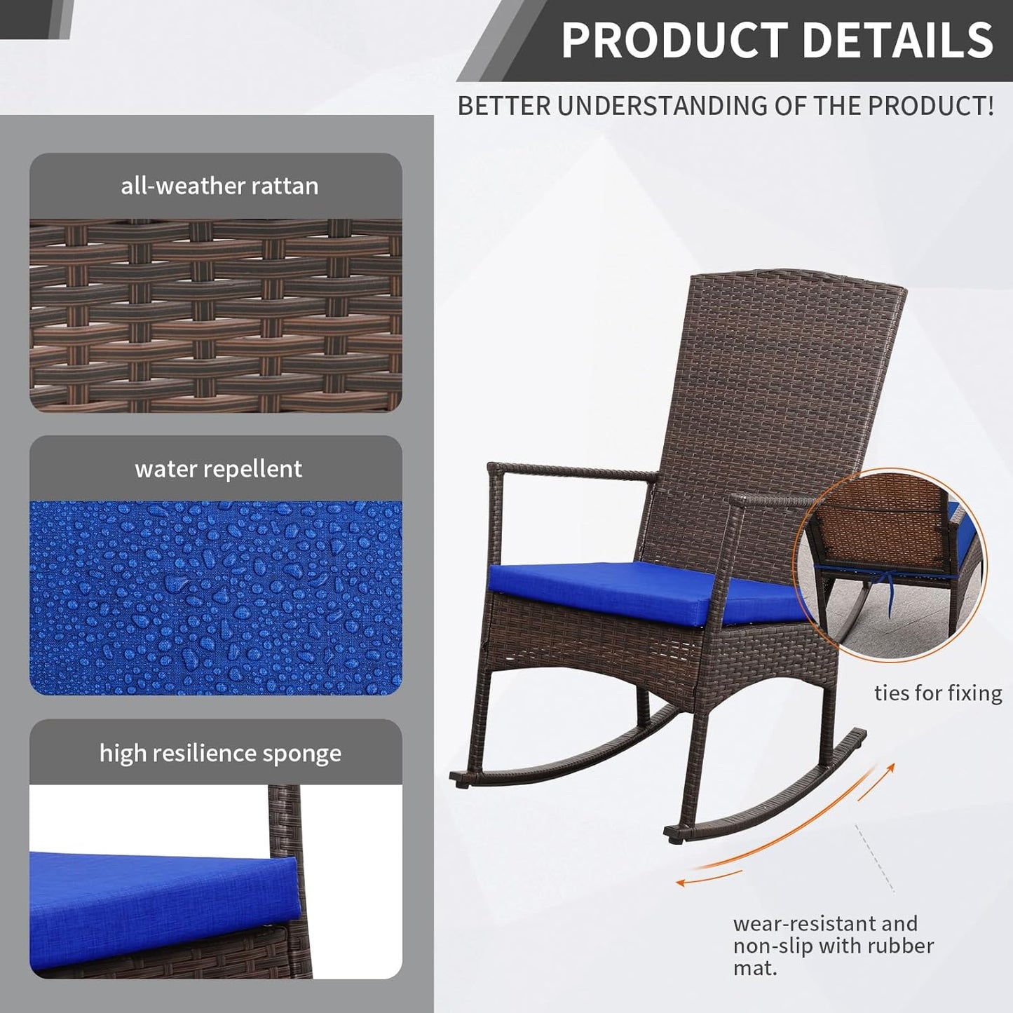 Outdoor Rocking Chairs Set - 3 High-Backed Patio Rockers with Bistro Table & Anti-Slip Cushions, Dark Blue