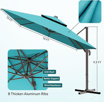10x13 FT Patio Umbrella, Large Cantilever Rectangular Double Top Heavy Duty Offset Umbrellas with 360° Rotation, Outdoor shade for Garden Deck Pool Patio, Turquoise