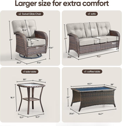 5-Piece Rotating Balcony Chair Set with 31-inch T-Shaped Wide backrest - Rattan Outdoor Rotating Balcony Chairs, Wide backrest Comfortable Outdoor Sliding Chair - Brown | Beige