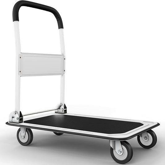 Upgraded Foldable Push Cart Dolly | 330 lbs. Capacity Moving Platform Hand Truck | Heavy Duty Space Saving Collapsible | Swivel Push Handle Flat Bed Wagon (White, 660 lbs. Capacity)
