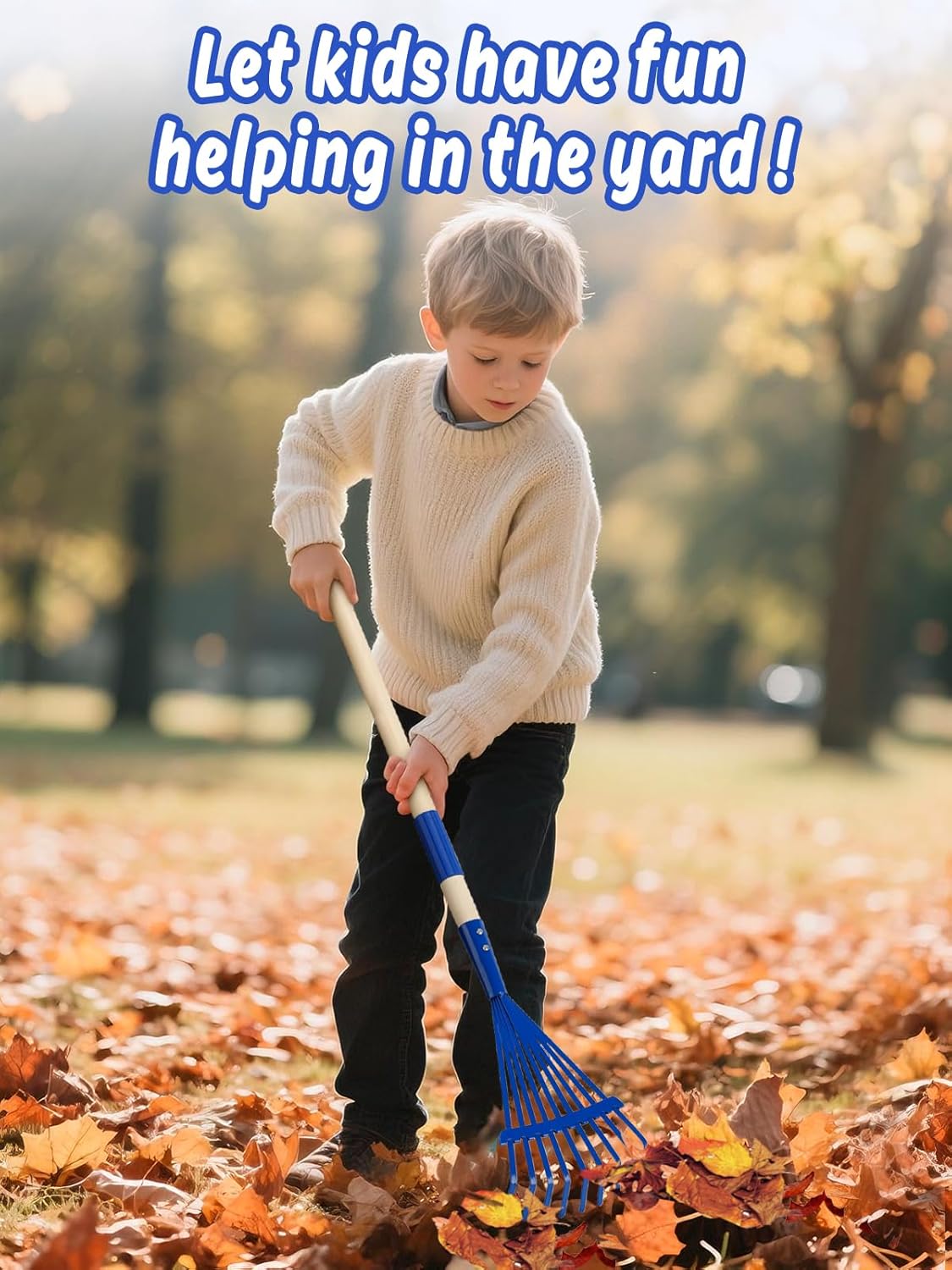 Kids Friendly Rakes for Leaves - 28" Child Size Small Rake with Durable Metal Head & Hardwood Handle, Real Lawn Garden Yard Tools for 3+ Years Kids Enjoy Helping Work Gifts (Blue)