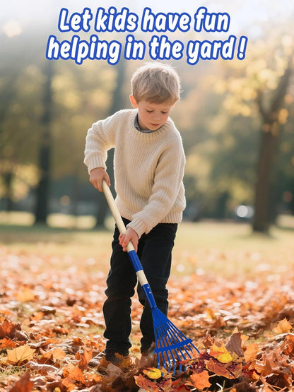 Kids Friendly Rakes for Leaves - 28" Child Size Small Rake with Durable Metal Head & Hardwood Handle, Real Lawn Garden Yard Tools for 3+ Years Kids Enjoy Helping Work Gifts (Blue)
