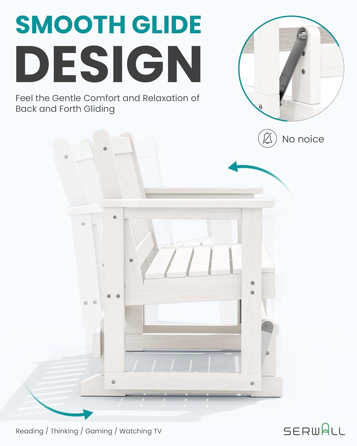 SERWALL 2 Person Patio Glider Rocking Chair, HDPE Material Weather-Resistant Swinging Bench for Outdoor Porch Garden, White