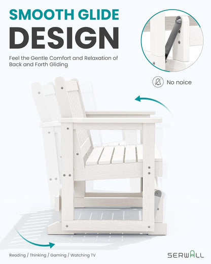 SERWALL 2 Person Patio Glider Rocking Chair, HDPE Material Weather-Resistant Swinging Bench for Outdoor Porch Garden, White