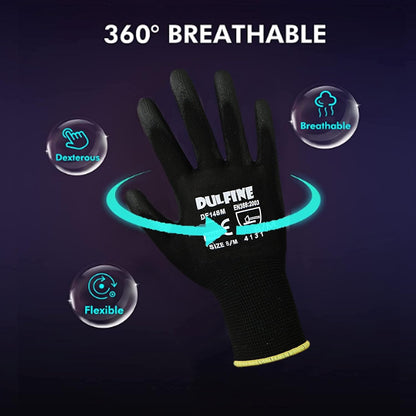 DULFINE Ultra-Thin PU Coated Work Gloves-12 Pairs,Excellent Grip,Nylon Shell Black Polyurethane Coated Safety Work Gloves, Knit Wrist Cuff,Ideal for Light Duty Work. (XX-Large)