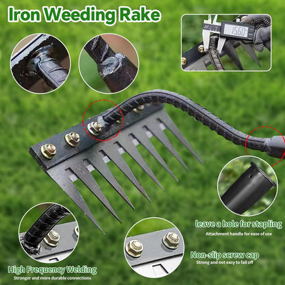 2025 Iron Weeding Rake 2.0, Iron Rake for Gardening and Weedings, Heavy Duty Gardening Hand Weed Puller Tools, 8 Teeth Carbon Steel Garden Weedings Rakes for Lawn Care – Bonus Gloves Included