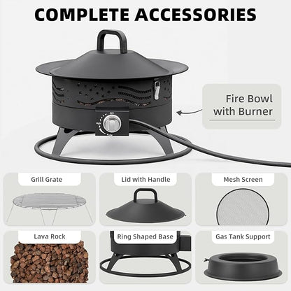 Portable Propane Fire Pit, 20 Inch Smokeless Gas Fire Pit Bowl for Outside, 60,000 BTU Outdoor Firepit with Grill Grate & Lid for Camping, Patio, Yard, Garden