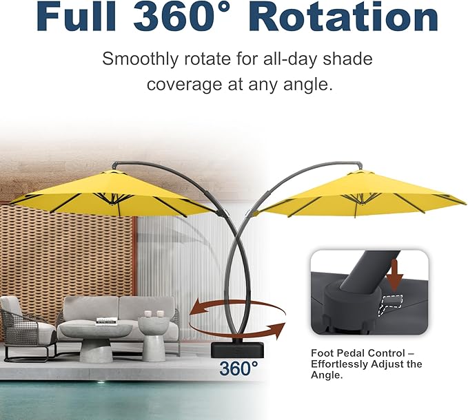 11FT Cantilever Umbrella with Base Large Curvy Outdoor Aluminum Offset Umbrella w/ 360° Rotation, UV Resistant Canopy for Patio, Garden, Backyard, Sunshine Yellow