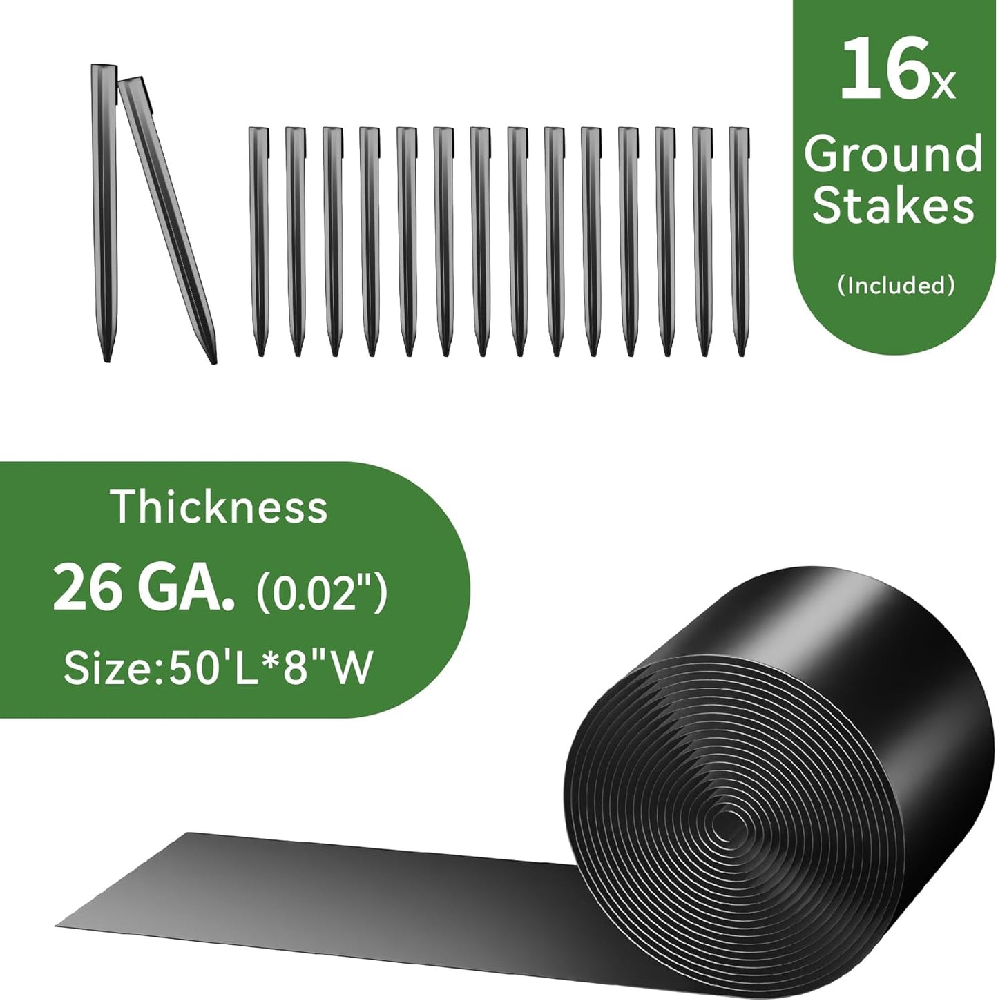 Worth Galvanized Steel Landscape Edging 8" x50' Metal Garden Edging Roll Flexible Bender Border with 16Pcs Stakes for Lawn, Flower Bed Edges, Black