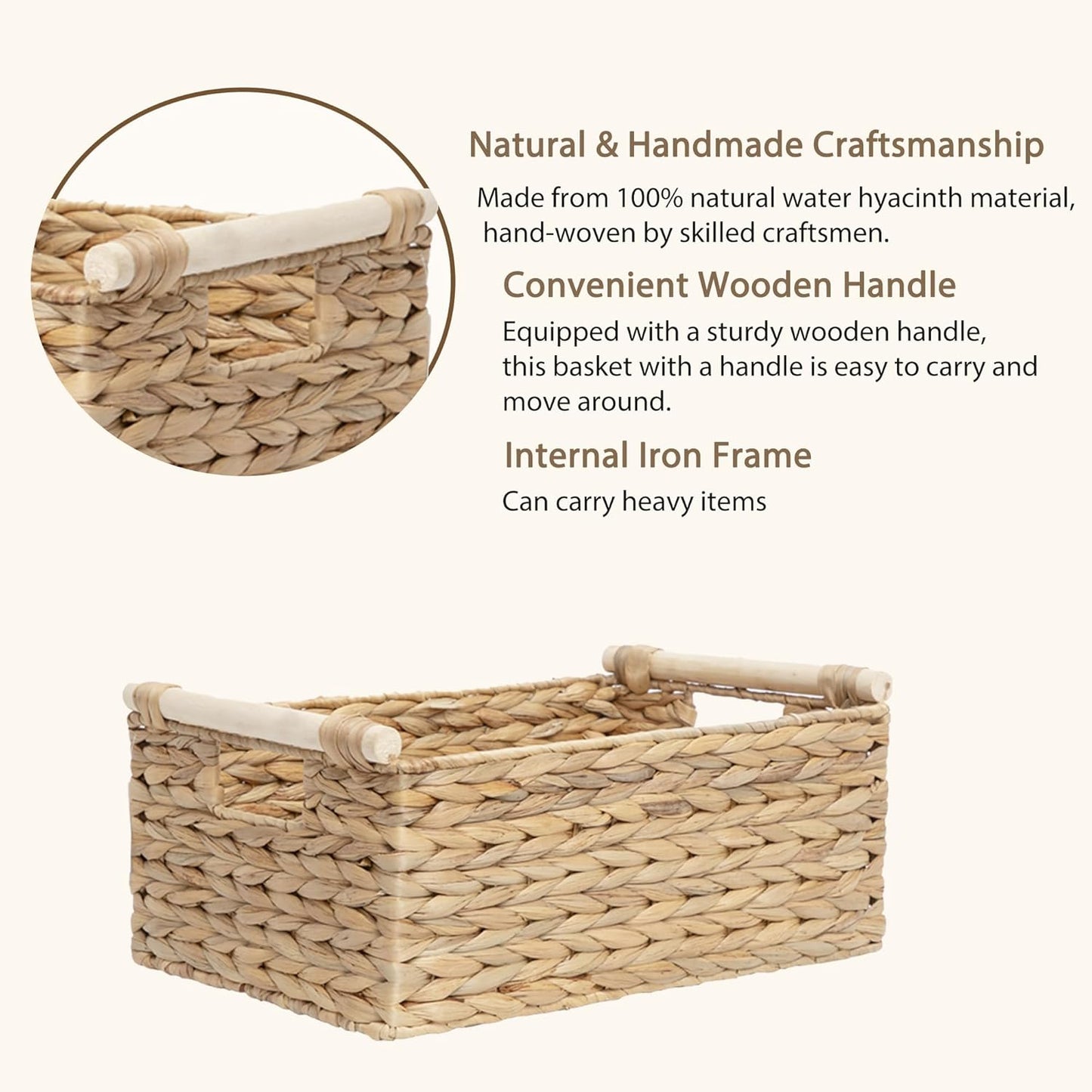 Handmade Water Hyacinth Woven Storage Baskets with Wooden Handles, Rectangle Rustic Organizer Set for Home Decor, Kitchen, Bedroom & Office (Small)