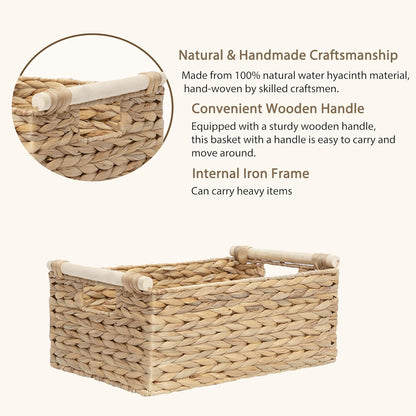 Handmade Water Hyacinth Woven Storage Baskets with Wooden Handles, Rectangle Rustic Organizer Set for Home Decor, Kitchen, Bedroom & Office (Medium)