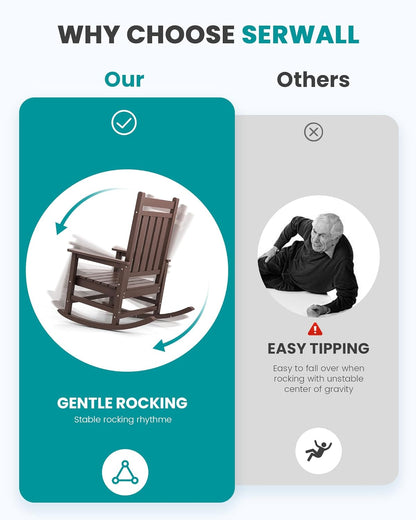 SERWALL HDPE Outdoor Rocking Chair Set of 6, Patio Rocking Chairs for Adults, All Weather Outdoor Rockers for Lawn, Brown