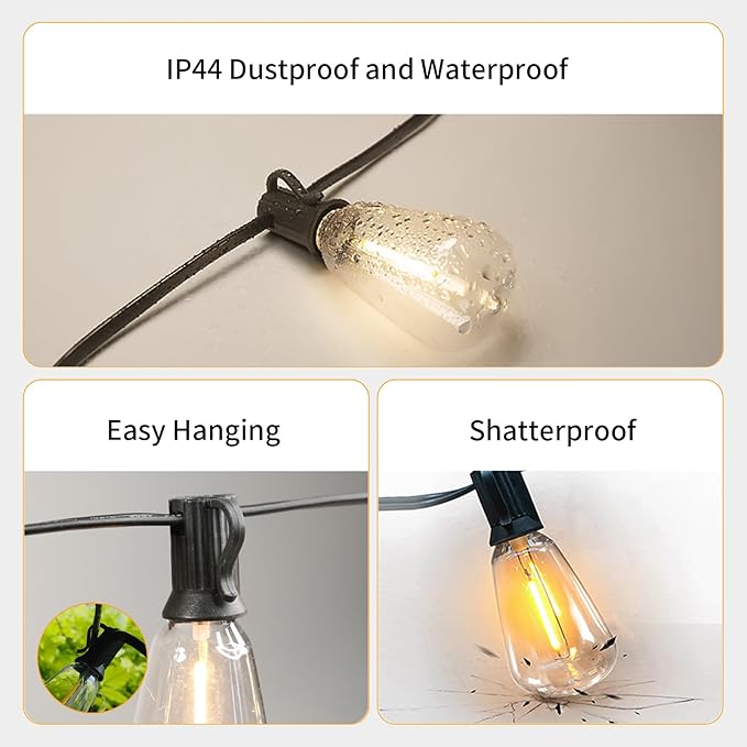 50FT Solar String Lights Outdoor Waterproof with Remote and 26 Shatterproof Edison Bulbs (1 Spare), USB Charging Solar Powered Patio LED Lights String for Outside, Garden, Backyard, Porch (Warm White)
