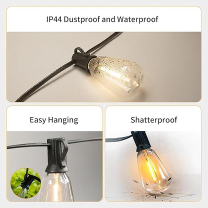 50FT Solar String Lights Outdoor Waterproof with Remote and 26 Shatterproof Edison Bulbs (1 Spare), USB Charging Solar Powered Patio LED Lights String for Outside, Garden, Backyard, Porch (Warm White)