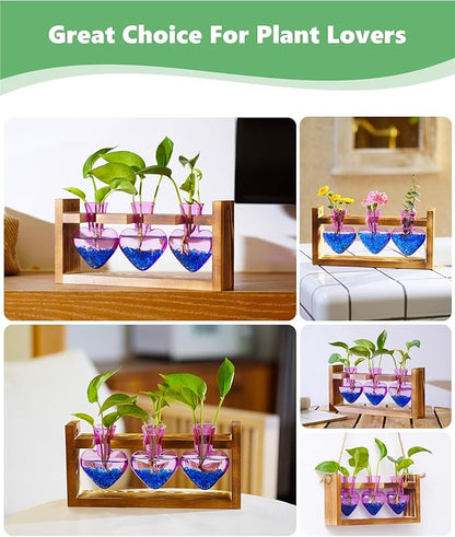 Nacome Plant Terrarium Propagation Stations: Birthday Gifts for Plant Lovers Women Mom Wife - Wooden Stand Tabletop Planter 3 Bulb Glass Vase Heart Shaped for Hydroponics Indoor Home(Purple)