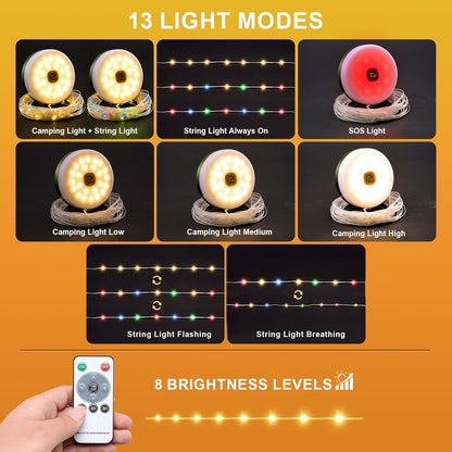 Solar Camping String Lights, 4 in 1 Quick Storage 33FT Rechargeable Tent Lights with 13 Lighting Modes, Hanging Waterproof Portable Retractable LED Lamp for Outdoor, Patio, RV, Awning, Garden, Party