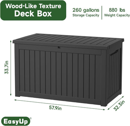 260 Gallon Outdoor Storage Box Waterproof, UV Resistant Resin Deck Box with Hydraulic Rod, Lockable Design and Enhanced Durability for Patio, Garden, and Poolside Use