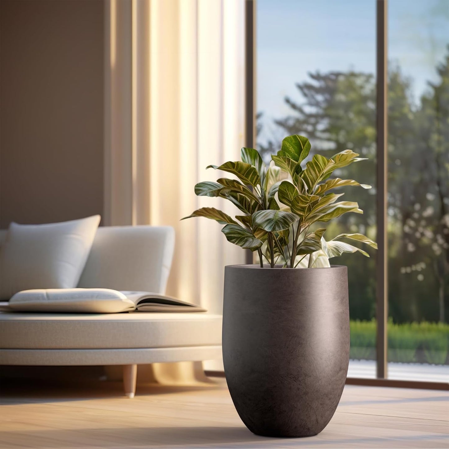 Kante Tall Concrete Planter, 21.7-Inch Height Weathered Brown Large Indoor Outdoor Plant Pot with Drainage Hole for Patio Garden Home, Modern Decor for Flowers and Tree