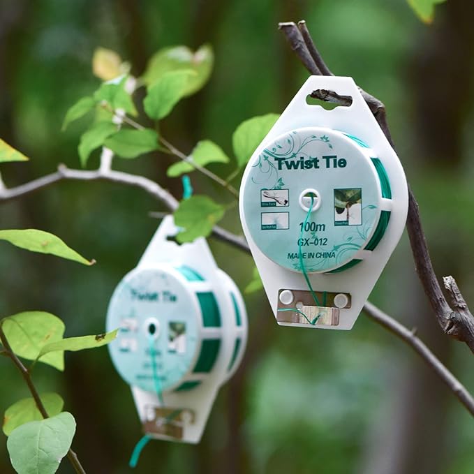 2 Reels 328 Feet (100m) Twist Tie, Green Coated Garden Plant Ties with Cutter for Gardening and Office Organization, Home