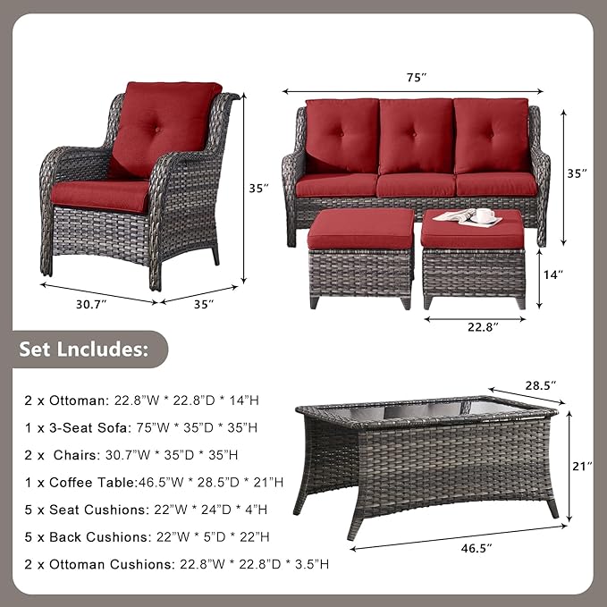 Outdoor Patio Wicker Furniture Set - 6 Piece Rattan Patio Conversation Sectional Sofa Set with 1 Couch,2 Armchairs,2 Ottomans and 1 Glass Top Coffee Table for Porch Deck Garden(Mixed Grey/Red)