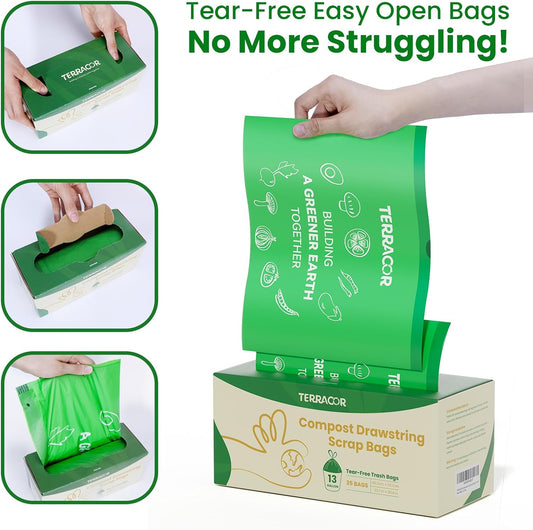 13 Gallon Compostable Trash Bags Liners Drawstring, Heavy Duty Extra Thick 1 Mil, 49.21 Liter, 35 Bags, Tall Kitchen Food Scrap Waste Bag, ASTM D6400