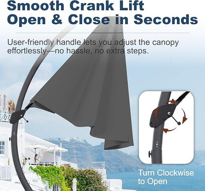 12FT Cantilever Umbrella with Base Large Curvy Outdoor Aluminum Offset Umbrella w/ 360° Rotation, UV Resistant Canopy for Patio, Garden, Backyard, Grey