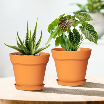 7 Inch Thick Plastic Plant Pots with Drainage Holes and Trays – 6 Pack Nursery Pots for Indoor & Outdoor House Plants, Seedling Starter Planters for Garden Flowers, Terracotta