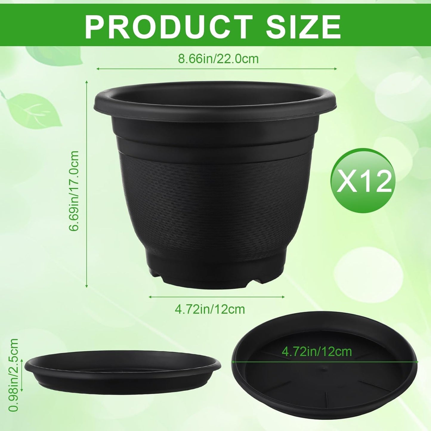 12 Pack 8+'' Plastic Plant Pots Round Planter Pots with Saucer Tray Seedling Pot Hole Seed Resin Plant Pot Starting Nursery Flower Container with Pallet for Garden Outdoor Indoor(Black)