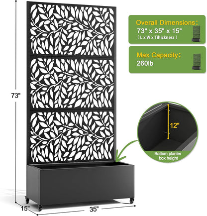 FENCY Metal Raised Garden Bed with Wheels and Trellis,73"x35"x16" Planter Box for Climbing Plants, Vegetables & Vines, Features Privacy Screen and Drainage Holes (Black-Leaf-2)