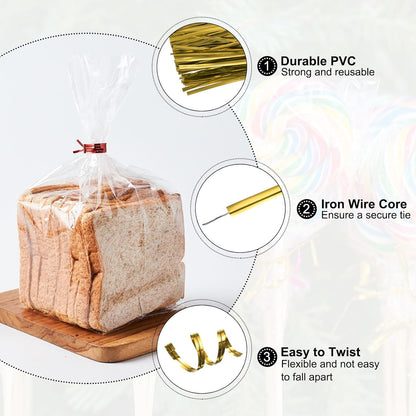 HARFINGTON 800pcs Bag Twist Ties 6" Reusable Plastic Metallic Twist Ties Wire Cable Ties for Party Bread Candy Cake, Gold Tone