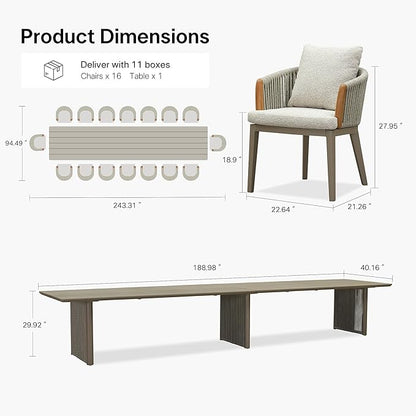 PURPLE LEAF 17 Pieces Outdoor Dining Set for 16, Aluminum Outdoor Patio Table and Chairs Set with Olefin Cushions, All-Weather Patio Dining Set for Garden or Deck, Beige