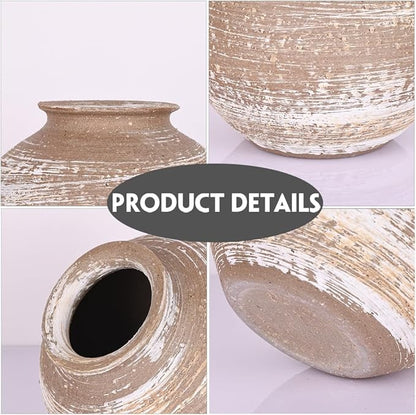 Rustic Terracotta Vase for Farmhouse Decor, Large Round Ceramic Vases for Home Decor, Wide Mouth Brown Clay Jug, Vintage Pottery Vases for Living Room, Kitchen, Table Centerpieces Rustic Home Decor