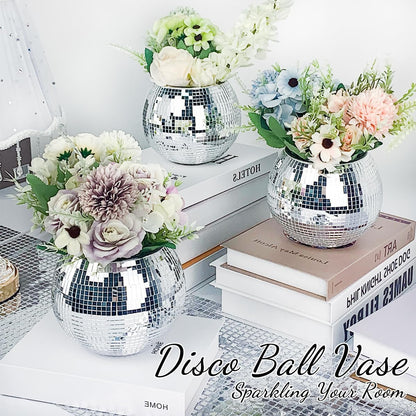 2 Pcs Disco Ball Vase, 5 x 6 Inch Mirrored Disco Ball Planters Perfect for Decorative Living Room, Bedroom, Dining Table, Wedding, Party, Birthday
