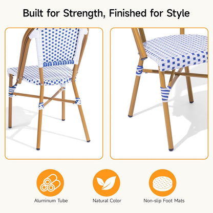 3 Piece French Wicker Bistro Set, Patio Bistro Set with Table and 2 Dining Chairs, All Weather ‎Outdoor ‎Bistro Set with Aluminum Frame, Outdoor Patio Set for Patio Porch Cafes Yard, Navy and White
