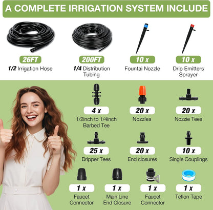 MIXC 226FT Greenhouse Micro Drip Irrigation Kit, Automatic Patio Plant Watering System with 1/4" & 1/2" Tubing, Adjustable Nozzles, Emitters, & Barbed Fittings for Efficient Irrigation