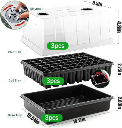 Heavy Duty Seed Starter Trays with 5'' Tall Humidity Domes & 2.75'' Deep Cells – 3-Pack (162 Cells Total) Reusable Plant Germination Kit, Durable Plastic Seedling Trays for Herbs, Vegetables