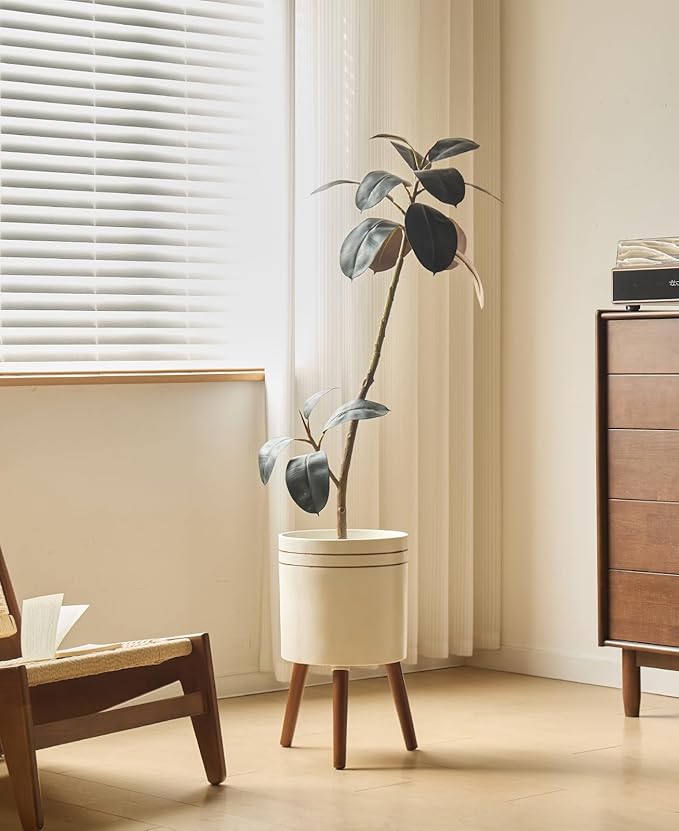 12 Inch Plant Pot with Oak Wood Stand, Large Planter for Indoor Plant, Simple Modern Flower Pot Flower Pot with Drainage Hole for Outdoor