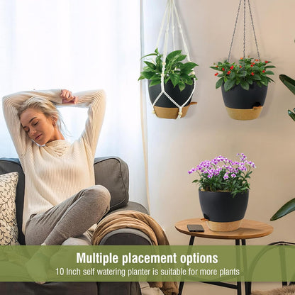 10 inch Self Watering Hanging Planters, 2 Pack Hanging Flower Pots for Indoor Outdoor Plants, Hanging Baskets with Drainage Holes & 2 Kinds of Plant Hangers for Garden Home Decor, Black Brown