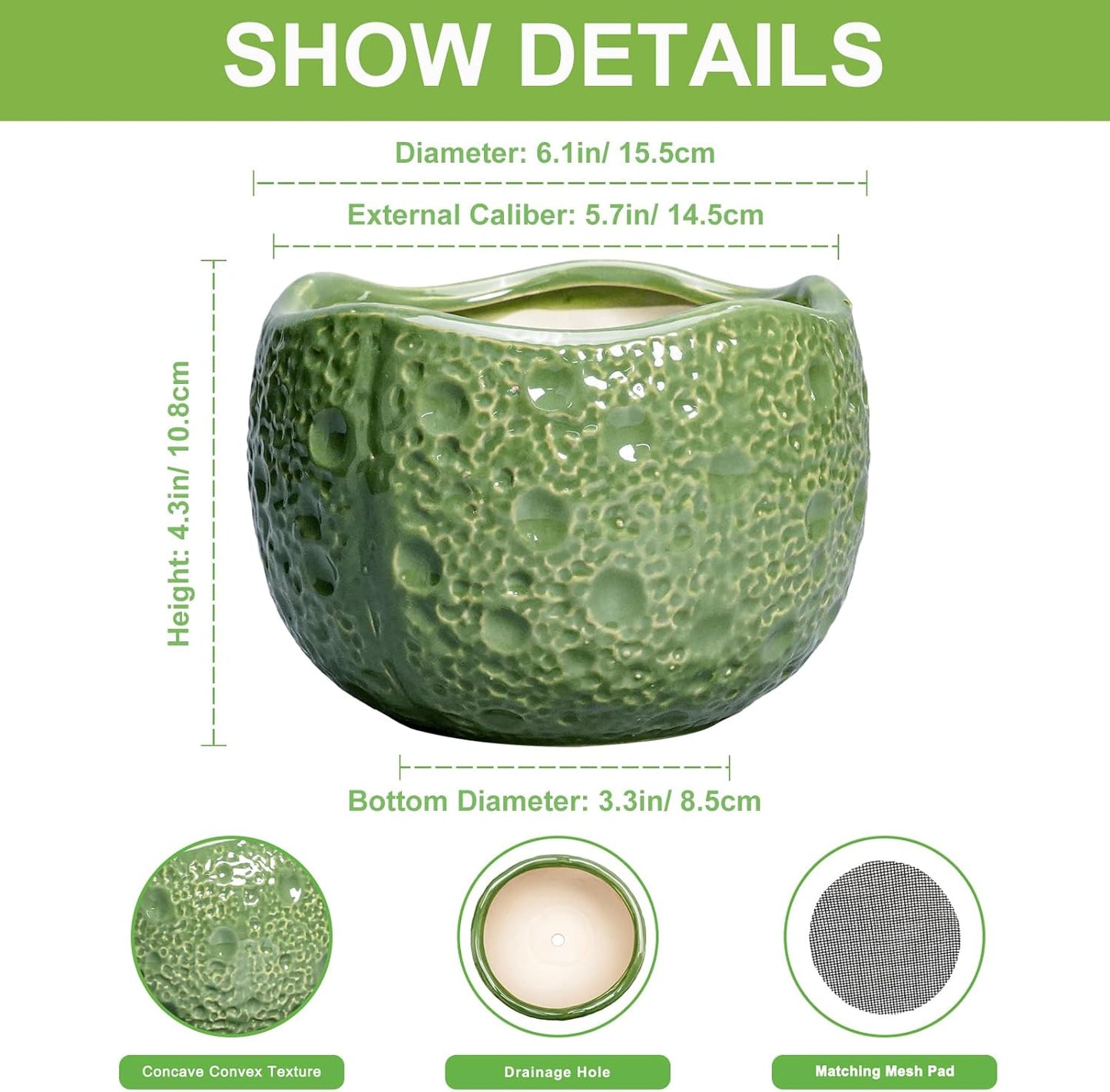 6 Inch Plant Pot - Orchid Pot with Drainage Hole, Ceramic Planter for Indoor Outdoor, Decorative Plant Pots, Modern Round Unique Flower Pots, Living Room Decor, Gifts for Women Men, Green