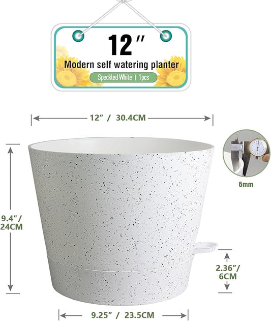 12 inch Large Self Watering Pots, Plant Pots with Mesh Drainage Holes for Indoor Outdoor Plants, Plastic Planters with Deep Reservoir for Garden House Flower Plants, Speckled White