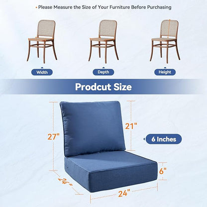 Luxury 6" Outdoor Cushions for Patio Furniture, 24x24x6" Thick Seat Cushion Set of 5, Fade Resistant Couch Chair Replacement Cushions High Density Deep Wicker Chair Cushion w/ Removable Cover, Blue