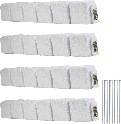 Beuta Landscape Edging | Garden Edging Border | Faux Stone Blocks for Lawn Edging, Flower Beds & Yard Edging – 4 Pack | Each Section Has 6 Blocks 48" L x 4" W x 6.5" H | 8 Spikes | Limewash