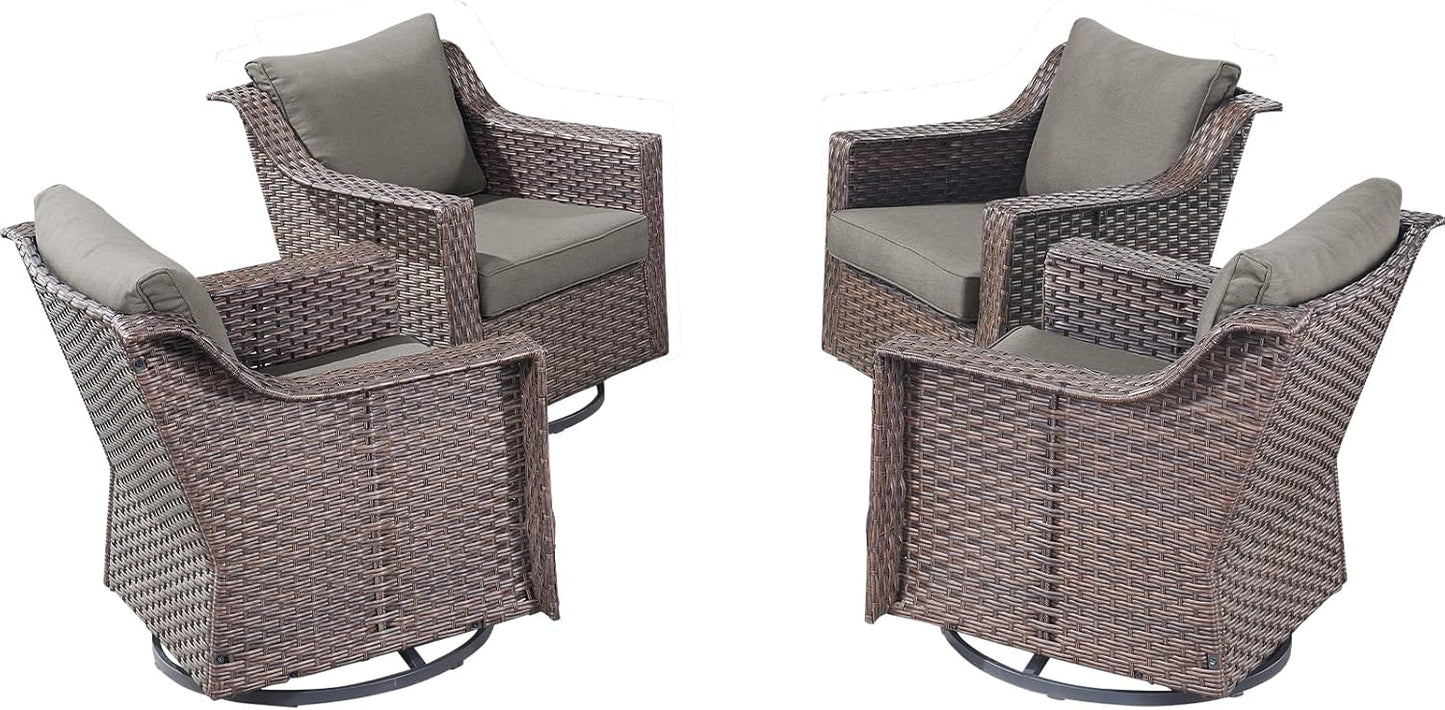 Outdoor Patio Wicker Swivel Chairs - Set of 4 Outside Rattan Rocker Glider Chair Rocking Armchairs for Front Porch Balcony Backyard Yard Deck Poolside Apartment – Brown/Grey