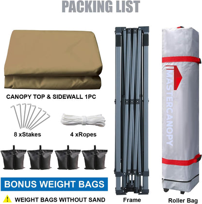 MASTERCANOPY Pop up Canopy Tent with 1 Sidewall (12x12 ft, Khaki)