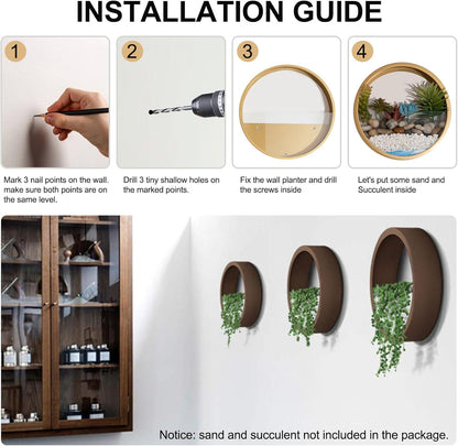 3 Pack Set Wall Planters,Modern Round Glass Wall Planter Succulent Planter Circle Iron Hanging Planter Vase for Herb,Small Cactus Perfect for Balcony, Room and Patio Decor (Coffee)