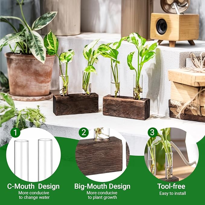 Propagation Station, Plants Terrarium, Plants Lover Gifts for Women,Plant Cutting Holder Home décor,Gifts for Women,House Warming New Home-4 Tubes-Brown